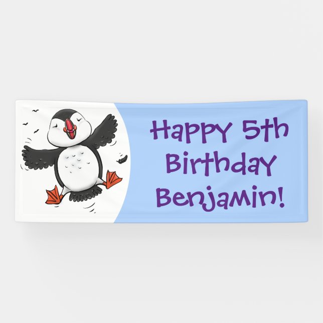 Niedliche Happy-Fying-Puffsängerin mit blauen Cart Banner (Horizontal)