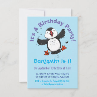 Niedliche Happy-Fying-Puffsängerin mit blauen Cart Einladung