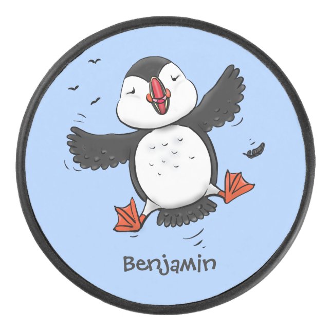 Niedliche Happy-Fying-Puffsängerin mit blauen Cart Eishockey Puck (Vorderseite)