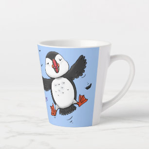 Niedliche Happy-Fying-Puffsängerin mit blauen Cart Milchtasse