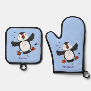 Niedliche Happy-Fying-Puffsängerin mit blauen Cart Ofenhandschuh & Topflappen-Set