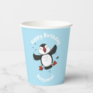 Niedliche Happy-Fying-Puffsängerin mit blauen Cart Pappbecher