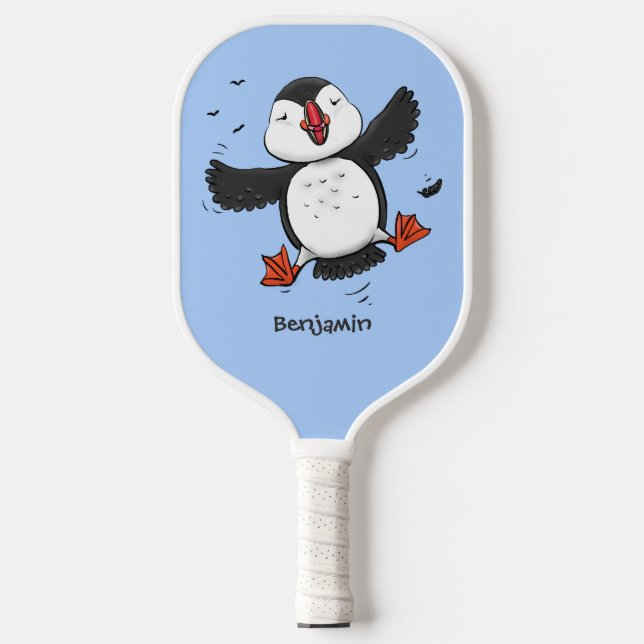 Niedliche Happy-Fying-Puffsängerin mit blauen Cart Pickleball Schläger (Vorderseite)