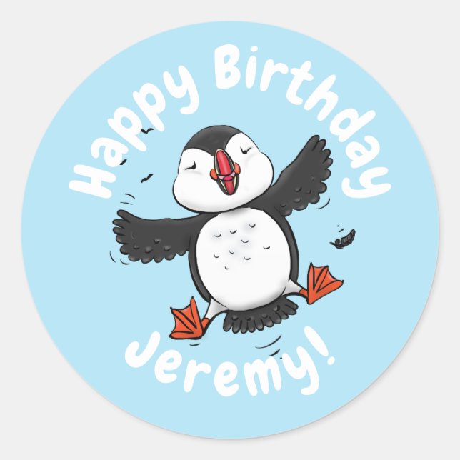 Niedliche Happy-Fying-Puffsängerin mit blauen Cart Runder Aufkleber (Vorderseite)