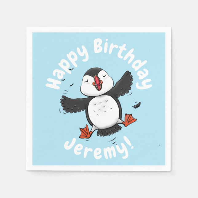 Niedliche Happy-Fying-Puffsängerin mit blauen Cart Serviette (Vorderseite)