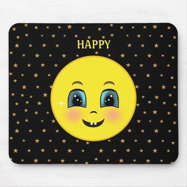 Niedliche Happy Gesichte und Sterne in Schwarz Mousepad (Vorne)