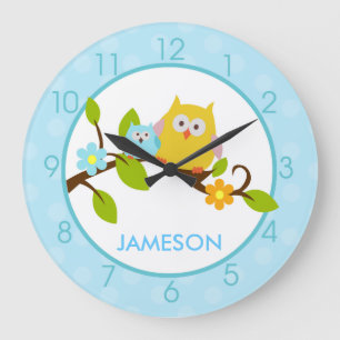 Niedliche Happy Tree Owls Round Wall Clock (blau) Große Wanduhr