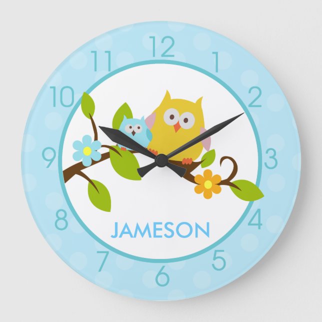 Niedliche Happy Tree Owls Round Wall Clock (blau) Große Wanduhr (Vorderseite)