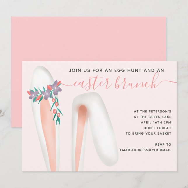 Niedliche Hasen-Ohren Rosa Brunch Ei Jagd Ostern Einladung (Vorne/Hinten)
