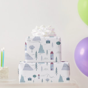 Niedliche Häuser Bäume Gebirge Modernes Muster Geschenkpapier