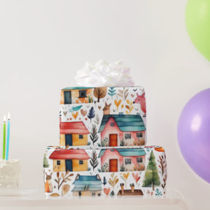 Niedliche Häuser Blume Tiere Umschlagpapier Geschenkpapier