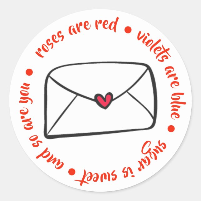 Niedliche Heart Envelope Rose sind Red Violets sin Runder Aufkleber (Vorderseite)