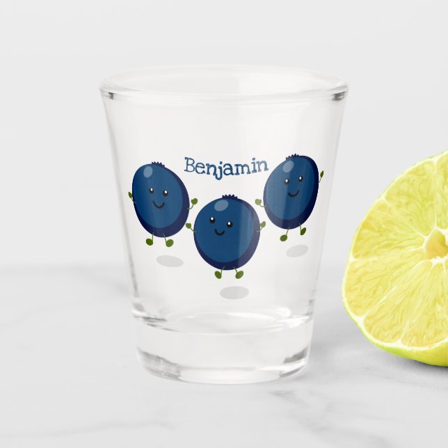 Niedliche Heidelbeeren lila Cartoon-Abbildung Schnapsglas (Vorderseite)