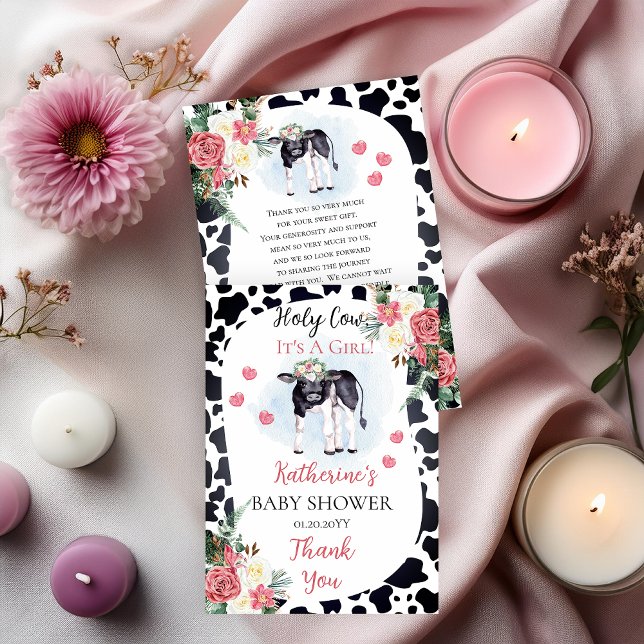 Niedliche heilige Kuh, es ist eine Mädchendusche.  Dankeskarte (Cute "Holy Cow, It's A Girl!" Baby Shower Thank You Two-Sided Flat Card)
