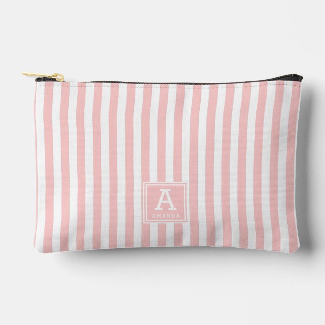 Niedliche, hellblaue rosa Streifen Mit Monogramm V Zubehörtasche (Vorderseite)