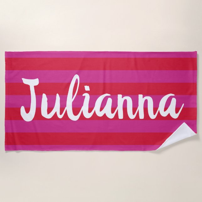 Niedliche, hellrosa rote Streifen Personalisiert Strandtuch (Vorderseite)