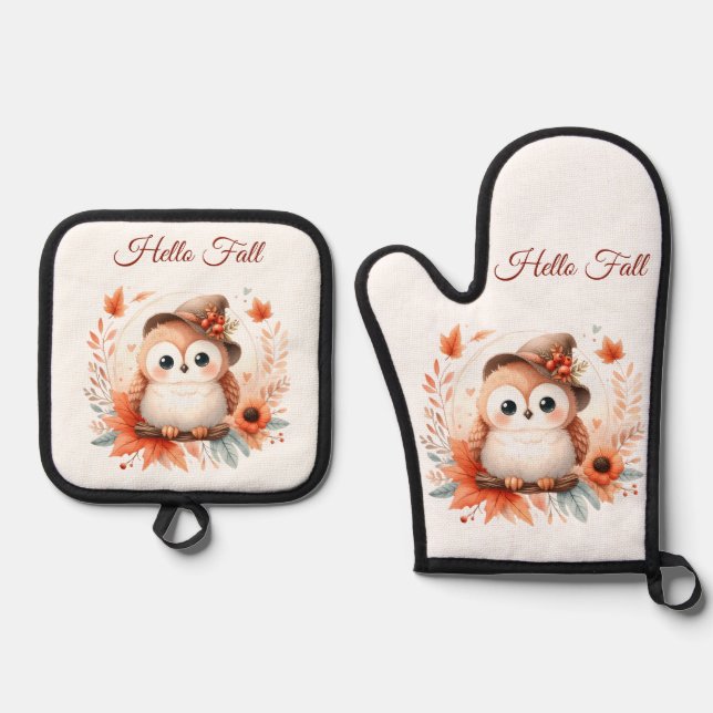 Niedliche Herbstschale auf einer Zweigniederlassun Ofenhandschuh & Topflappen-Set (Vorderseite)