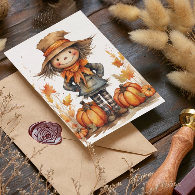 Niedliche Herbstspur mit Pumpkin und Blätter Karte (Cute watercolor scarecrow for autumn, fall and Thanksgiving holidays with leaves and pumpkins.)