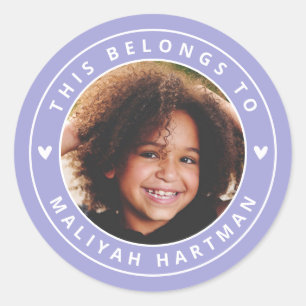 Niedliche Herz-Kreislauf-Foto Namensschule Lila Runder Aufkleber