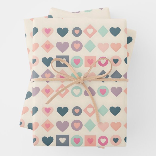 Niedliche Herzen und geometrische Formen Geschenkpapier Set (Beispiel)
