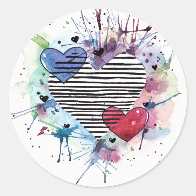 Niedliche Herzen und Waschen in Aquarellen Runder Aufkleber (Vorderseite)