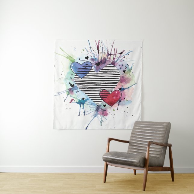 Niedliche Herzen und Waschen in Aquarellen Wandteppich (Beispiel)