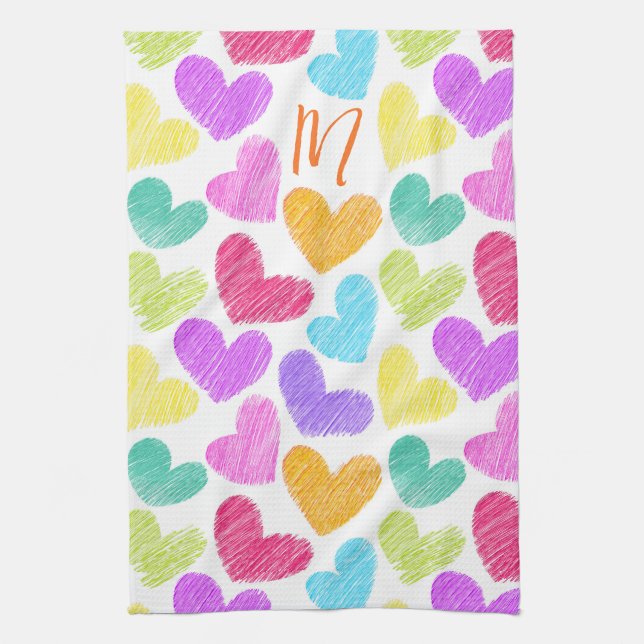 Niedliche Herzpastel Valentine Liebe Monogramm Geschirrtuch (Vertikal)