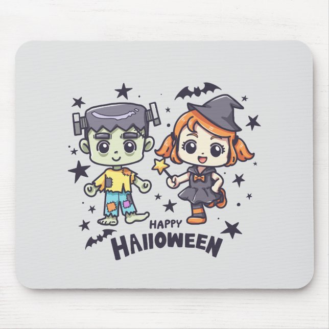 Niedliche Hexe Girl and Mischievous Zombie Boy Mousepad (Vorne)