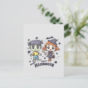 Niedliche Hexe Girl and Mischievous Zombie Boy Postkarte