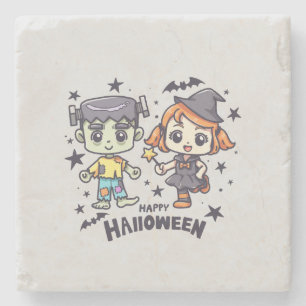 Niedliche Hexe Girl and Mischievous Zombie Boy Steinuntersetzer