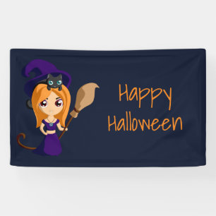 Niedliche Hexe im Lila Happy Halloween Banner