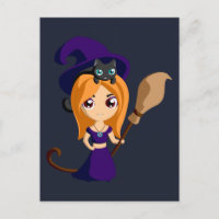 Niedliche Hexe in Lila Hut und KatzenHalloween