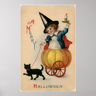 Niedliche Hexe in Pumpkin Vintage Halloween-Karte Poster