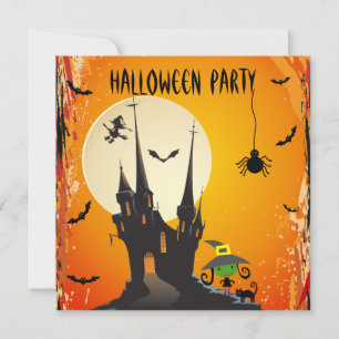 Niedliche Hexe, Katze und Burg Halloween-Party Ein Einladung