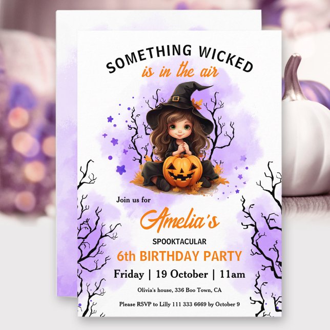 Niedliche Hexe Lila Orange Halloween Girls' Geburt Einladung (Cute Witch Purple Orange Halloween Girls' Birthday Invitation)