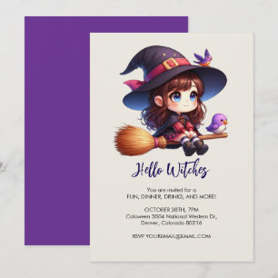 Niedliche Hexe mit 2 Vögeln, Halloween Einladung