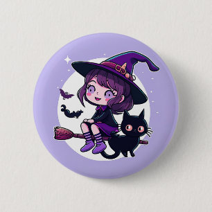 Niedliche Hexe mit einem Broom Black Cat Bats Moon Button