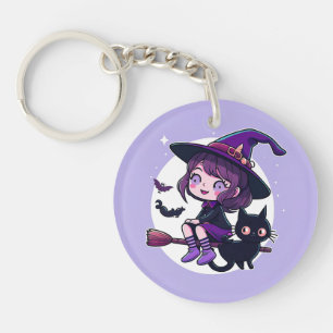 Niedliche Hexe mit einem Broom Black Cat Bats Moon Schlüsselanhänger