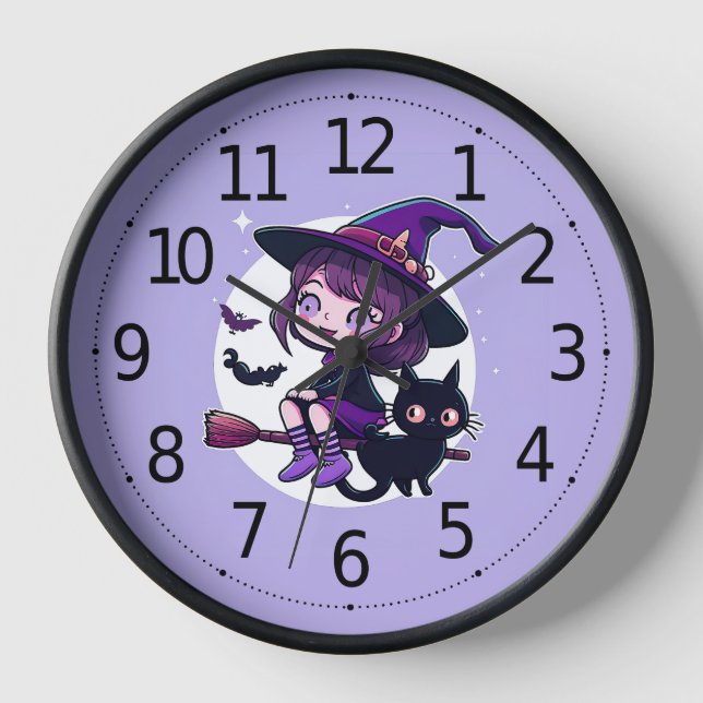 Niedliche Hexe mit einem Broom Black Cat Bats Moon Uhr (Vorderseite)