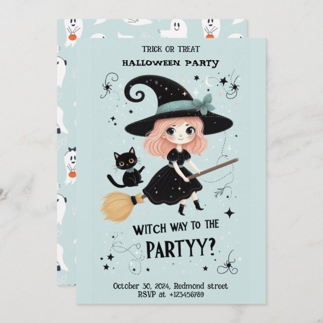 Niedliche Hexe mit Halloween Pun Party Einladung (Vorne/Hinten)