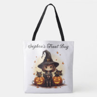 Niedliche Hexe mit Schwarzen Katzen und Kürbisgewä