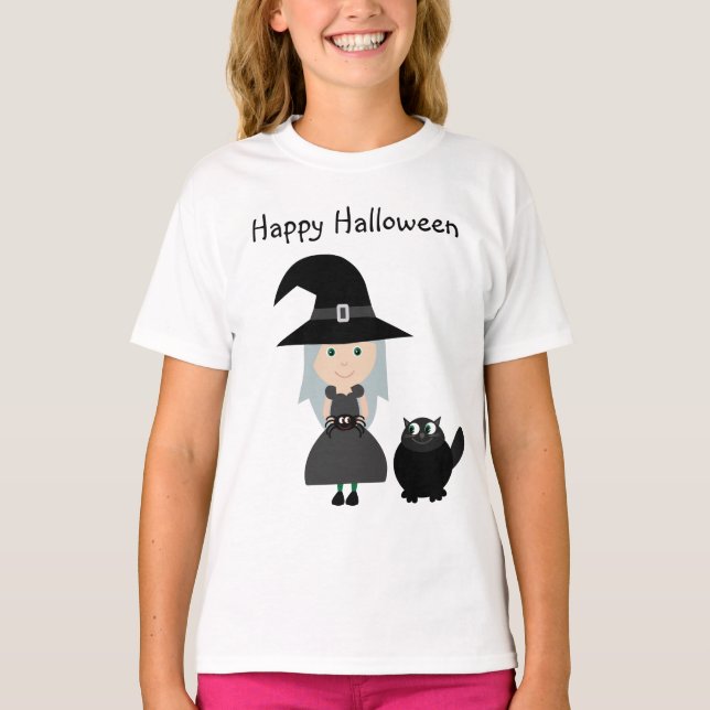 Niedliche Hexe, Spider & Cat Happy Halloween T - S T-Shirt (Vorderseite)