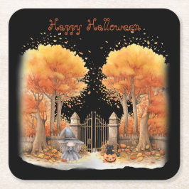 Niedliche Hexe und Katze Außentor Halloween Rechteckiger Pappuntersetzer