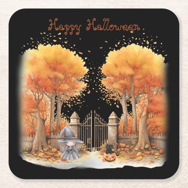 Niedliche Hexe und Katze Außentor Halloween Rechteckiger Pappuntersetzer (Vorderseite)
