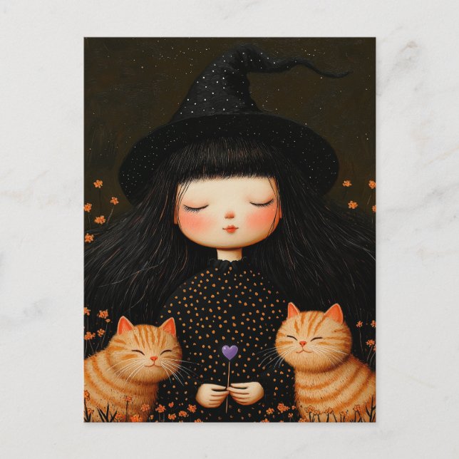 Niedliche Hexe und Katze Halloween Postkarte (Vorderseite)