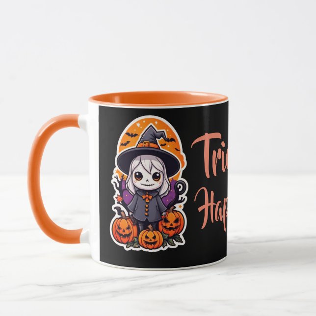 Niedliche Hexe und Kürbiskürbis Halloween-Trick od Tasse (Links)