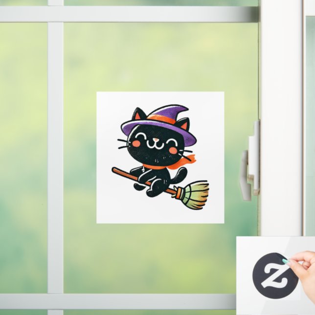 Niedliche Hexenkatze, die auf einem Besen fliegt - Fensteraufkleber (Zuhause)