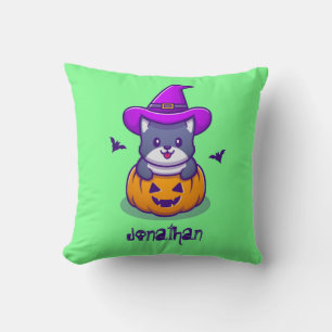Niedliche Hexenkatze, die von Pumpkinfliegenden Fl Kissen