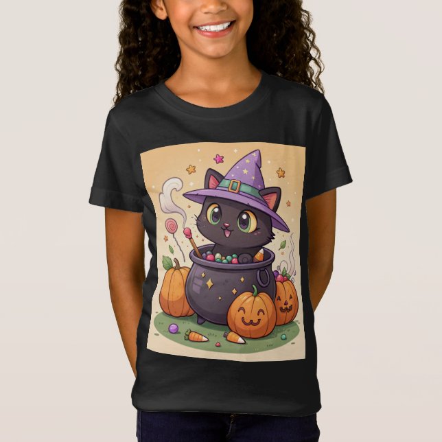 Niedliche Hexenkatze in Cauldron Halloween T - Shi T-Shirt (Vorderseite)