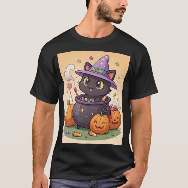 Niedliche Hexenkatze in Cauldron Halloween T - Shi T-Shirt (Vorderseite)
